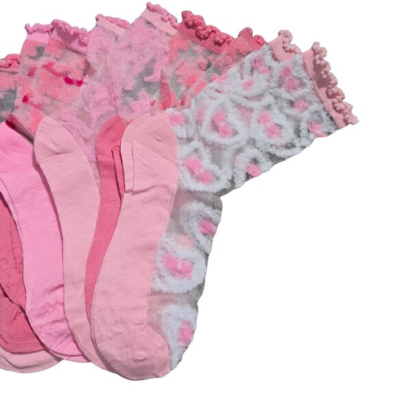 NIP | 6 Pair Pink Sheer Mesh Ruffle Top Bow Detail Ankle Socks Sock Bundle | Siz - Picture 2 of 2